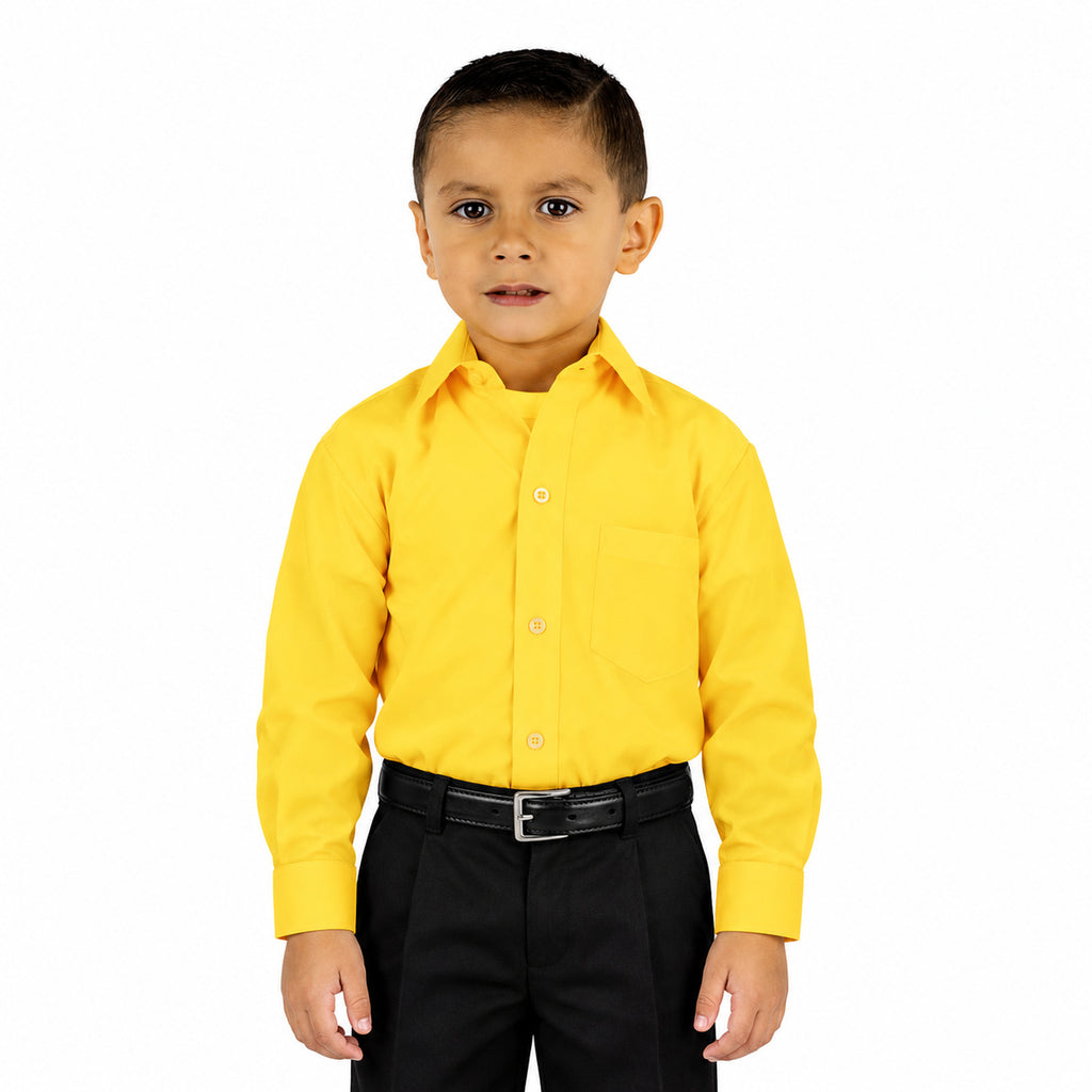 Camisa de vestir infantil mango Rodolfo Valentini, frontal fajada sin corbata.