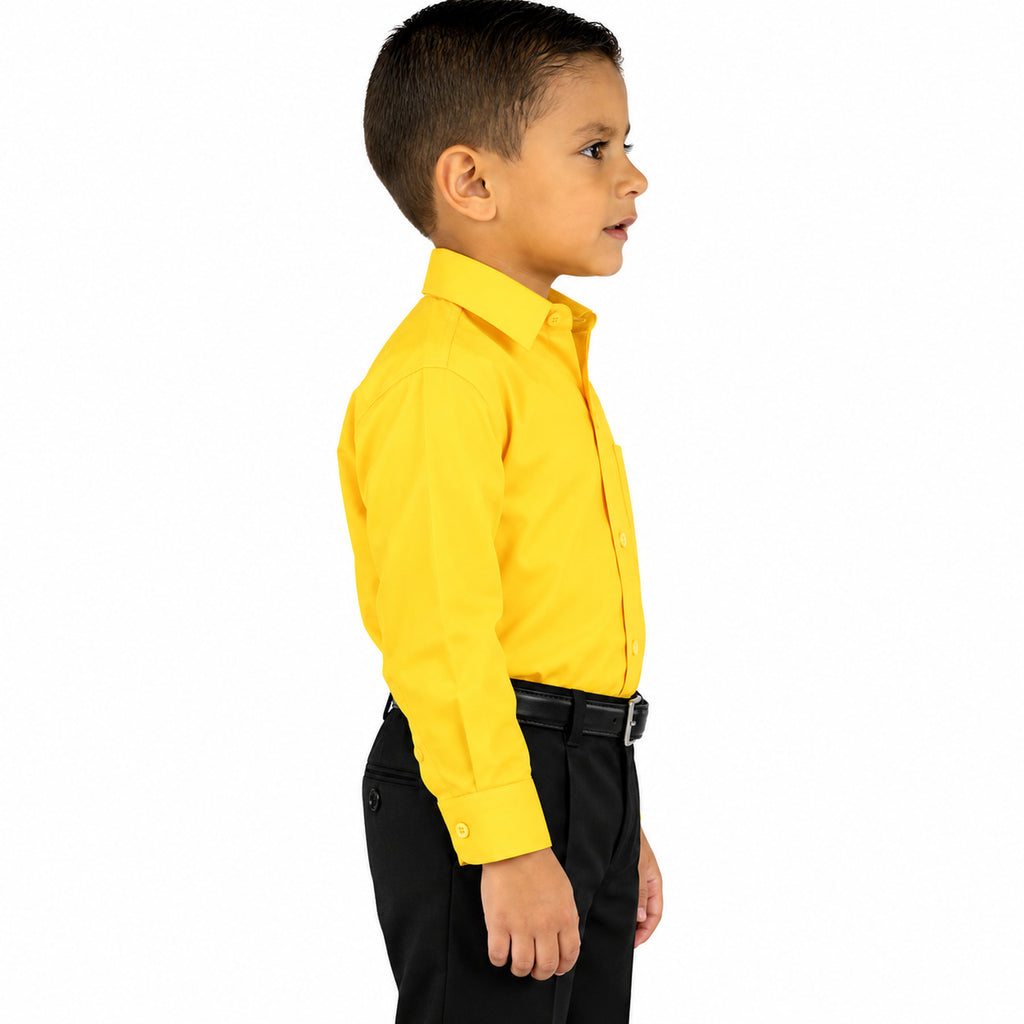 Camisa de vestir infantil mango Rodolfo Valentini, perfil derecho fajada sin corbata.