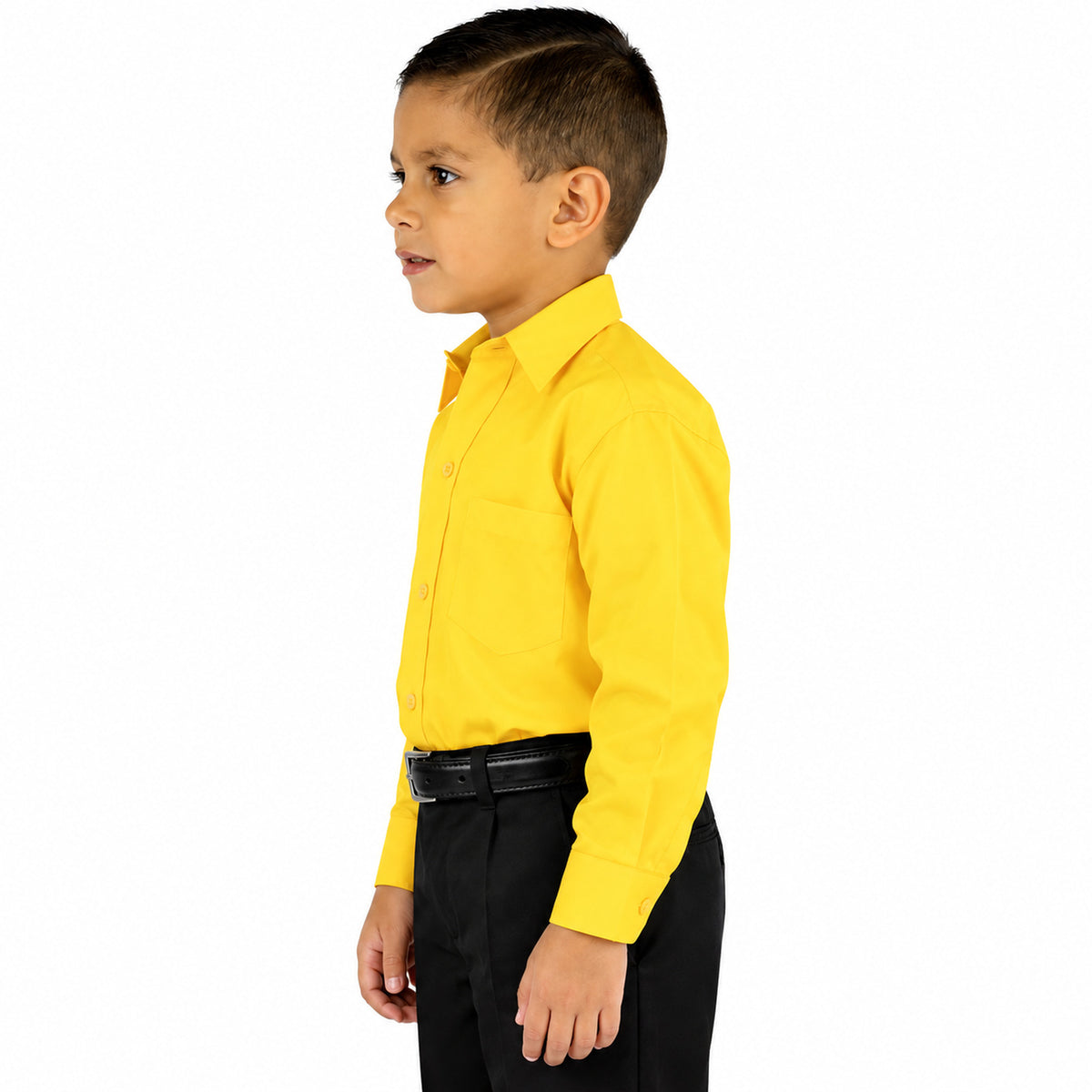Camisa de vestir infantil mango Rodolfo Valentini, perfil izquierdo fajada sin corbata. | color:mango-rodolfo