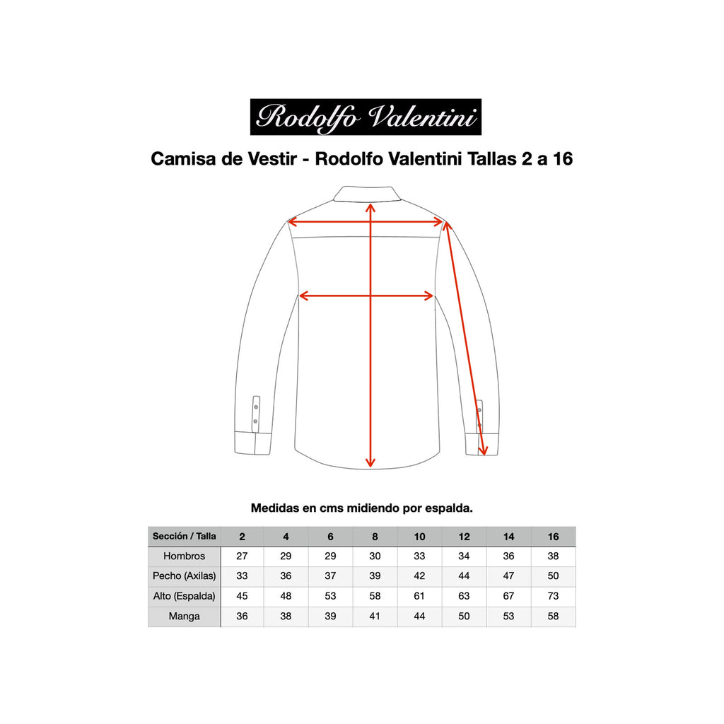 Tabla de medidas Rodolfo Valentini para camisa de vestir infantil, tallas 2 a 16.