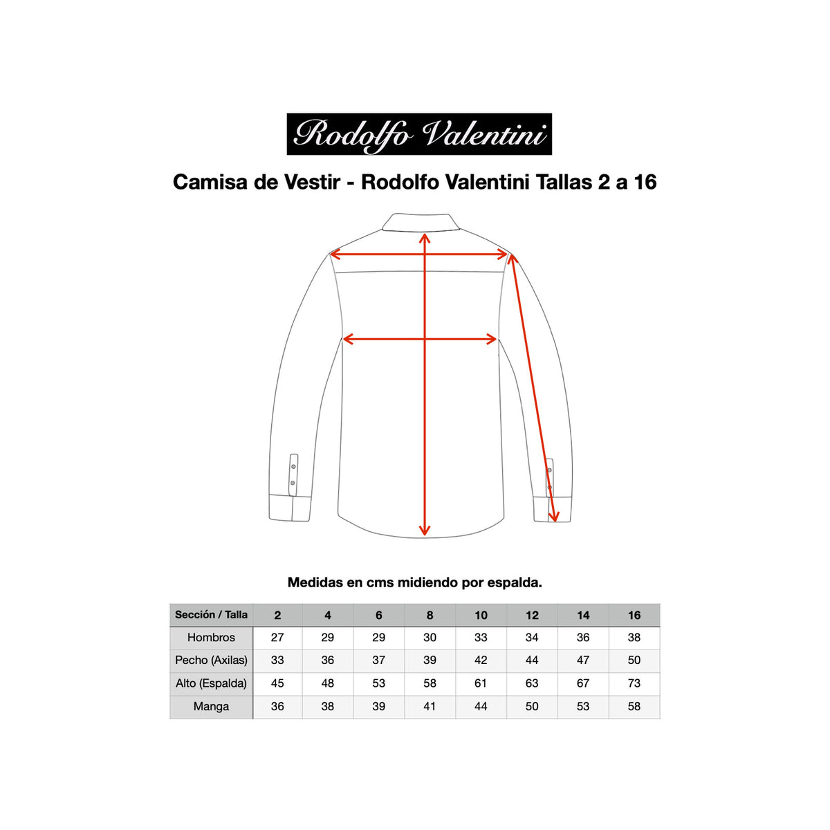Tabla de medidas Rodolfo Valentini para camisa de vestir infantil, tallas 2 a 16. | color:mango-rodolfo