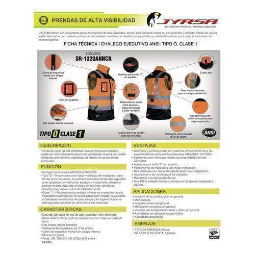 Chaleco Jyrsa Eco - 1320 Ejecutivo Seguridad Con Reflejantes - Garufa Jeans