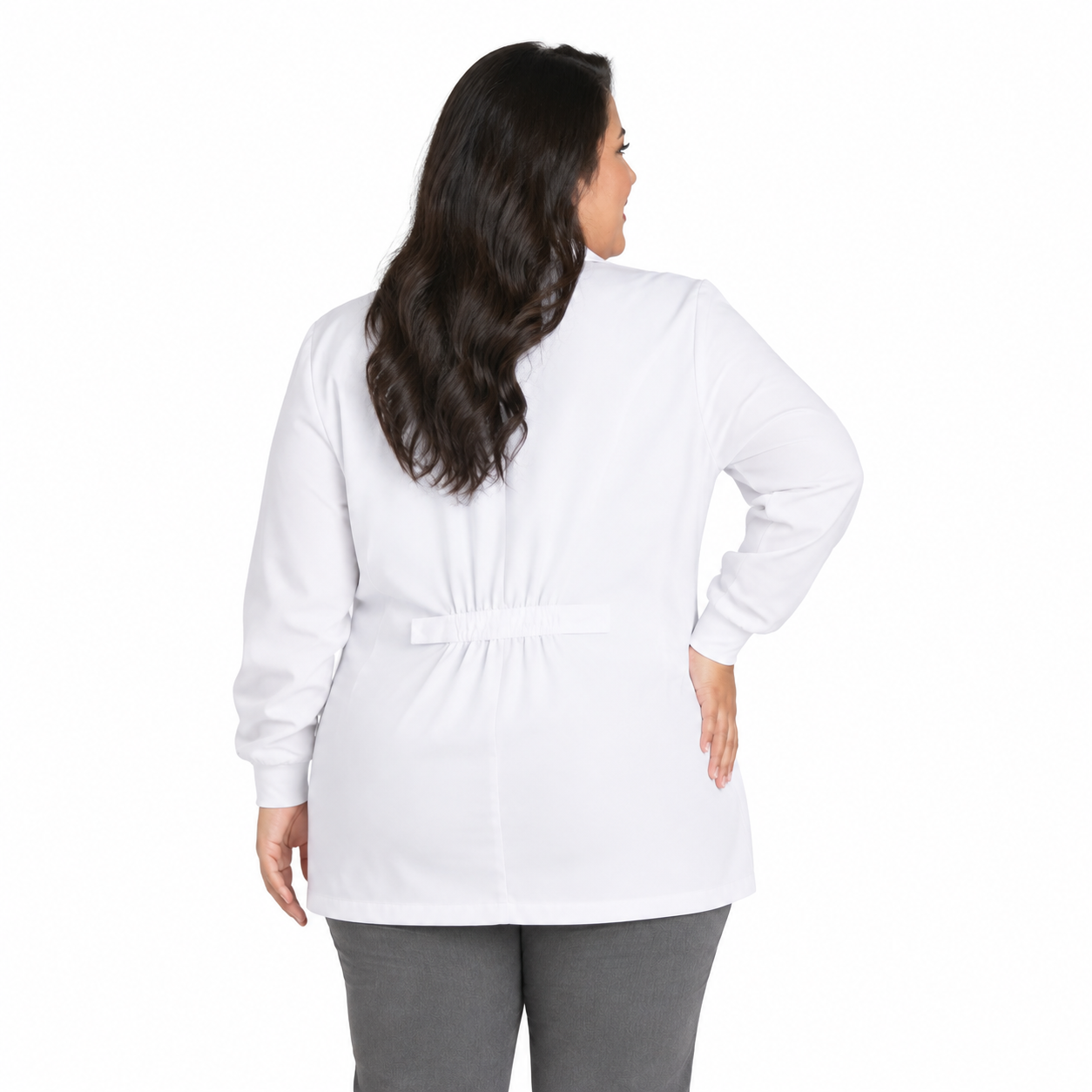 Bata corta médica Cherokee 1302 para mujer talla extra blanca, vista posterior con cinta ajustable | color:blanca