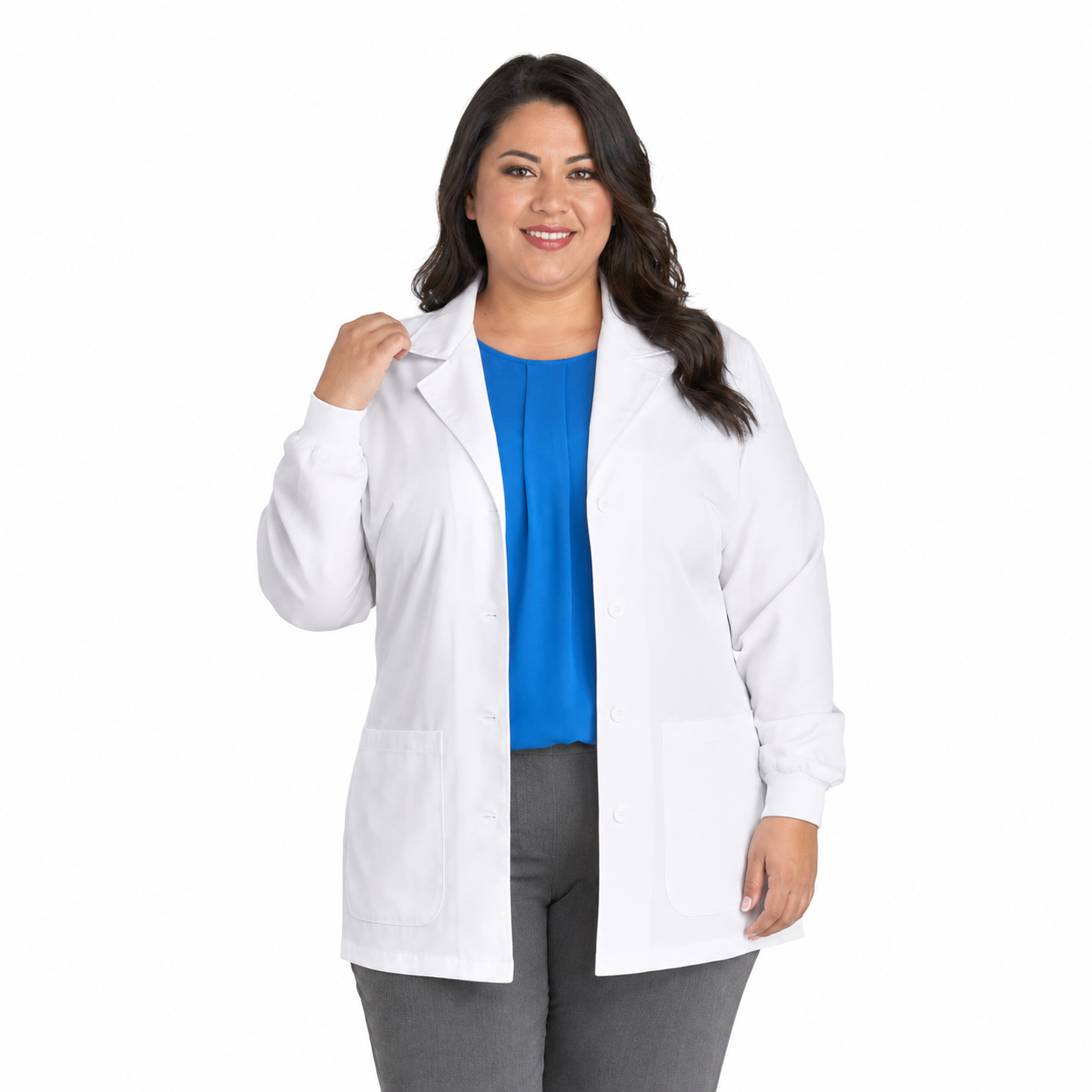 Bata corta médica Cherokee 1302 para mujer talla extra blanca, vista frontal abierta | color:blanca