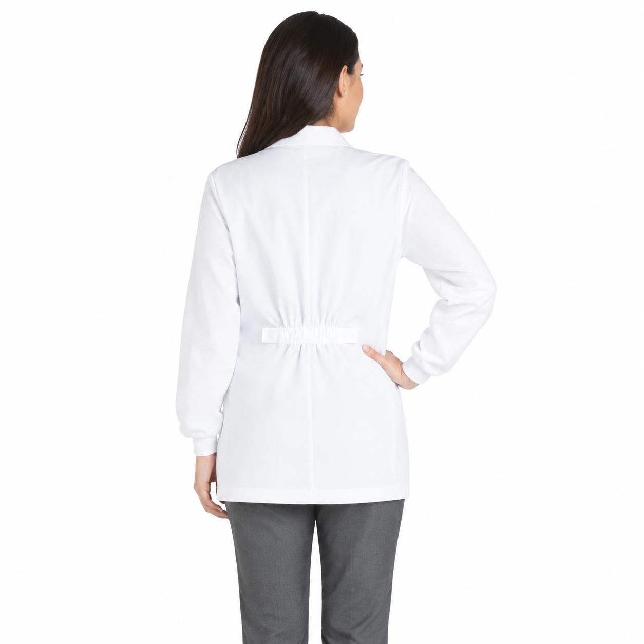 Bata médica corta Cherokee 1302 Professional Whites para mujer blanca, vista posterior con cinta ajustable | color:blanca