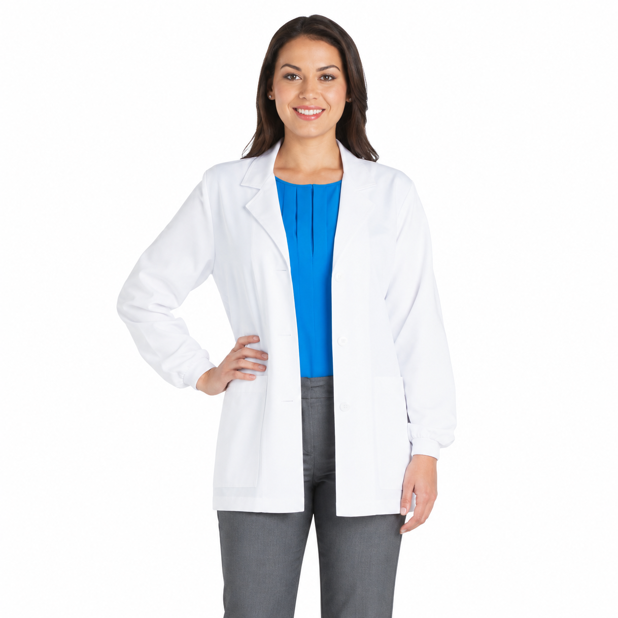 Bata médica corta Cherokee 1302 Professional Whites para mujer blanca, vista frontal abierta | color:blanca
