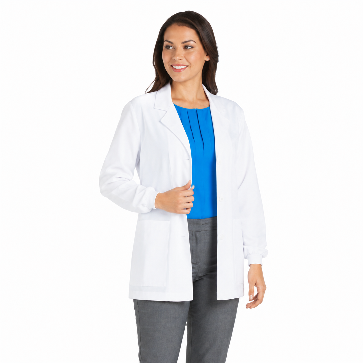 Bata médica corta Cherokee 1302 Professional Whites para mujer blanca, vista de tres cuartos | color:blanca