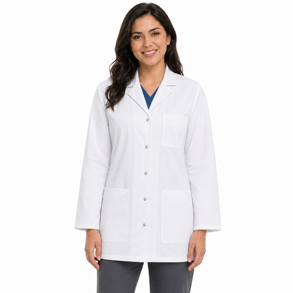 Bata corta médica Cherokee 1369 para mujer blanca, vista frontal cerrada con broches