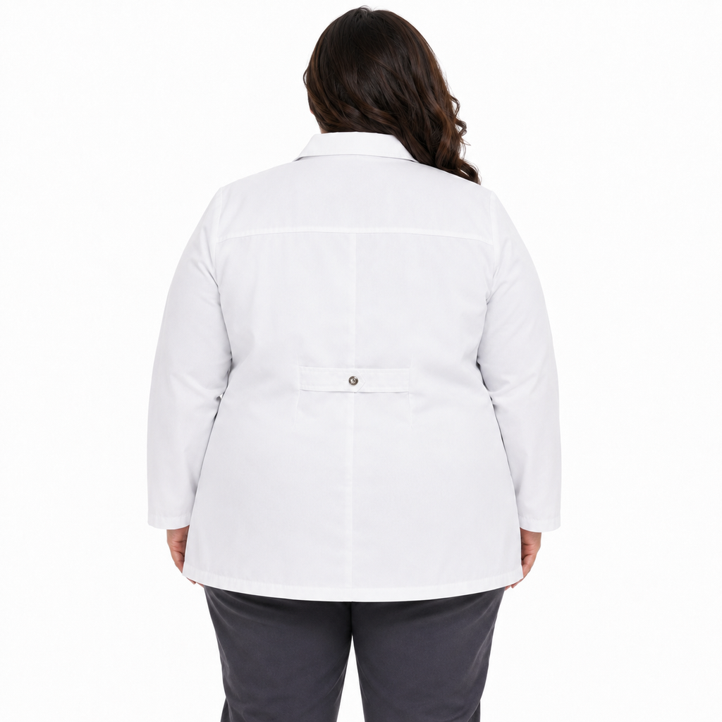 Bata corta médica Cherokee 1369 para mujer talla extra blanca, vista posterior con cinta