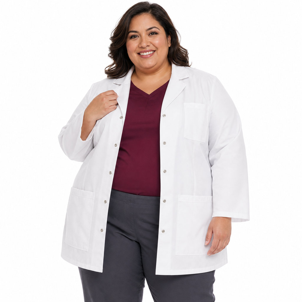 Bata corta médica Cherokee 1369 para mujer talla extra blanca, vista frontal abierta