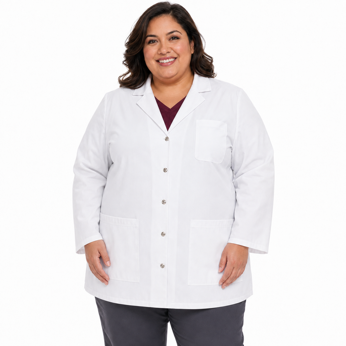 Bata corta médica Cherokee 1369 para mujer talla extra blanca, vista frontal cerrada | color:blanca