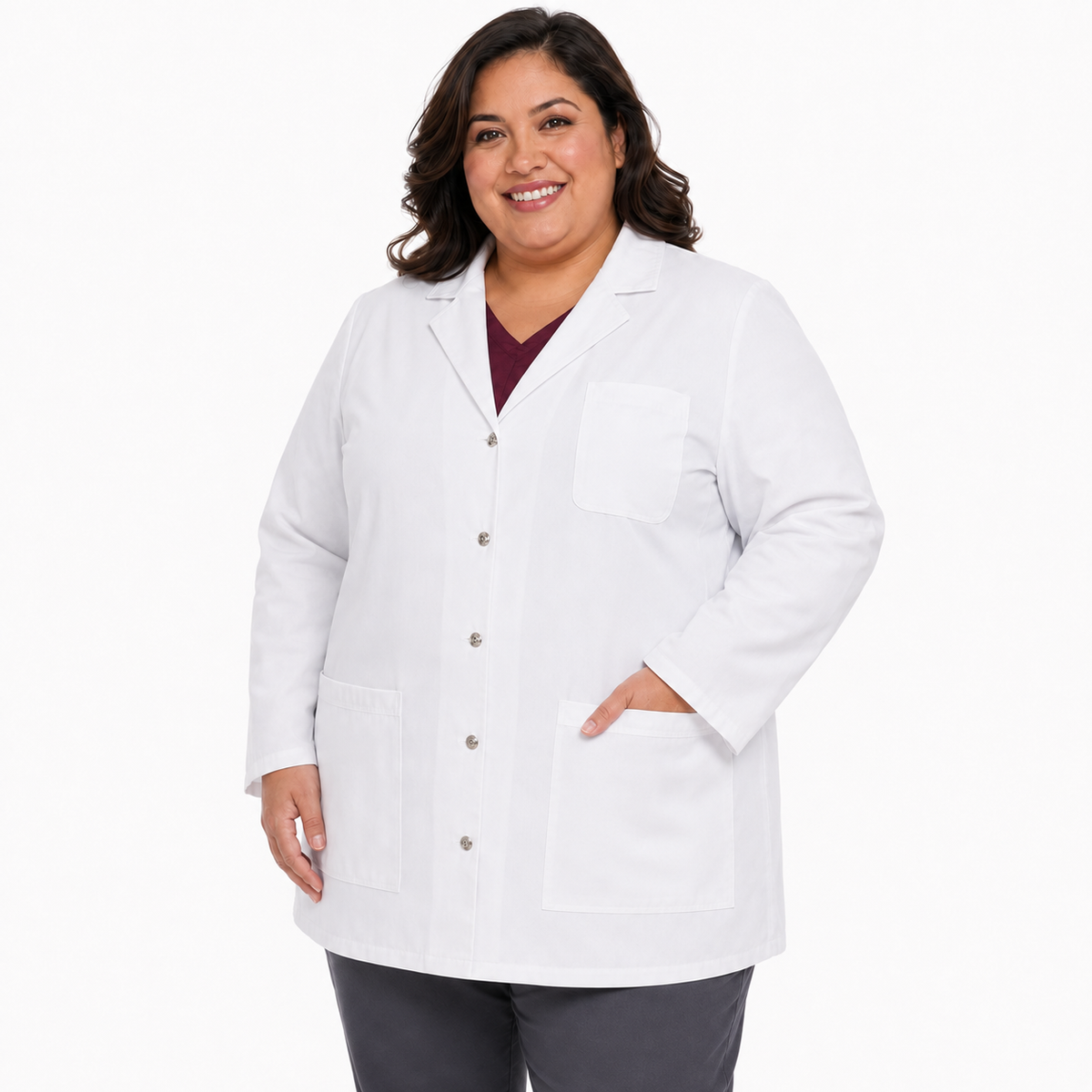 Bata corta médica Cherokee 1369 para mujer talla extra blanca, vista de tres cuartos | color:blanca