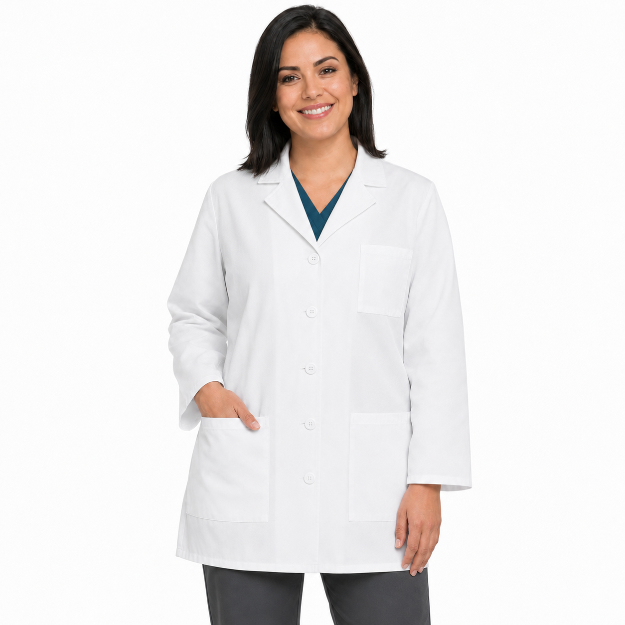 Bata corta médica Cherokee 1462 para mujer blanca, vista frontal cerrada con botones | color:blanca