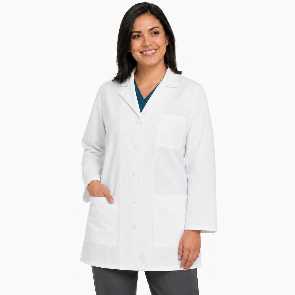 Bata corta médica Cherokee 1462 para mujer blanca, vista de tres cuartos
