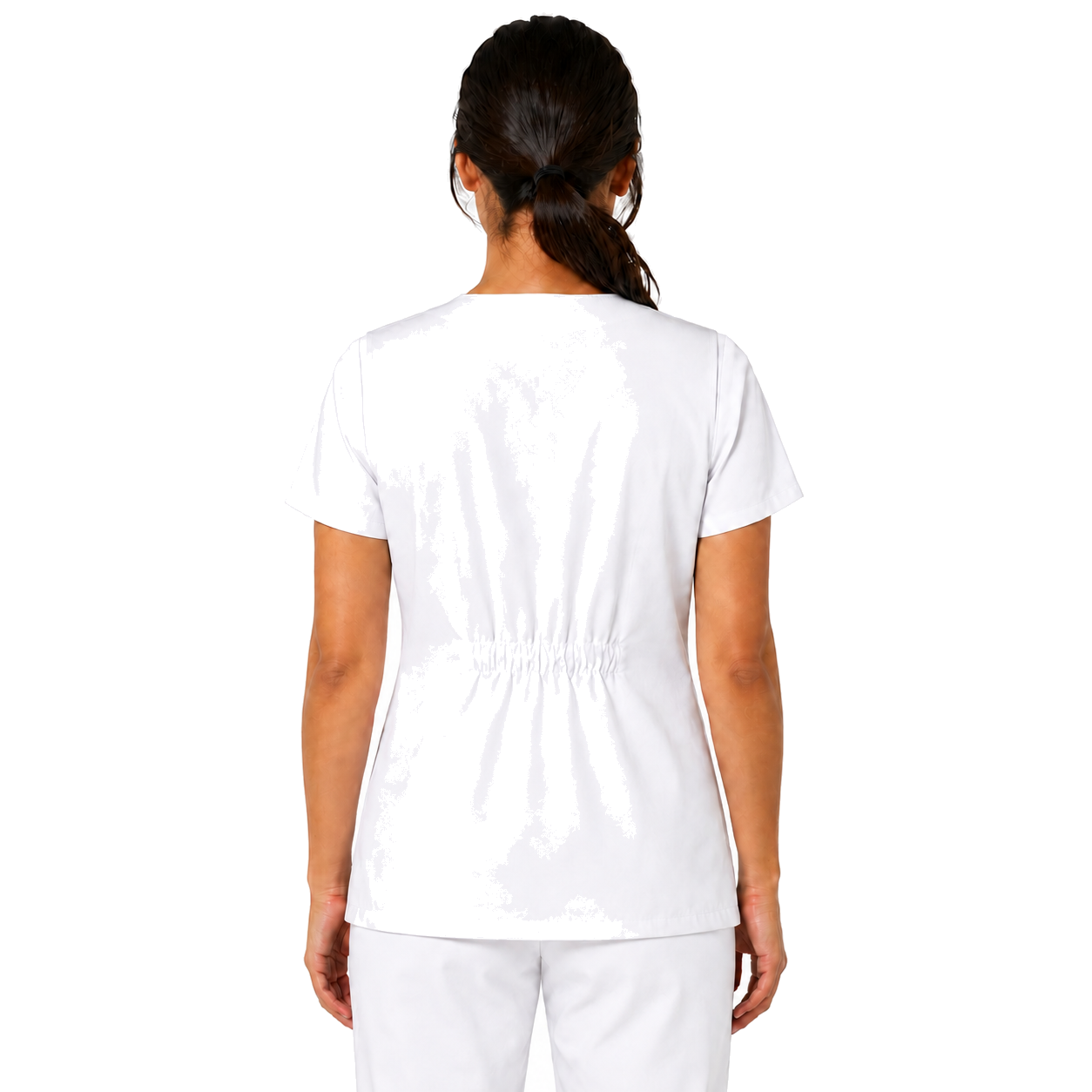 Chaleco clínico médico Cherokee 1602 para mujer blanco, vista posterior con fruncido elástico | color:blanco