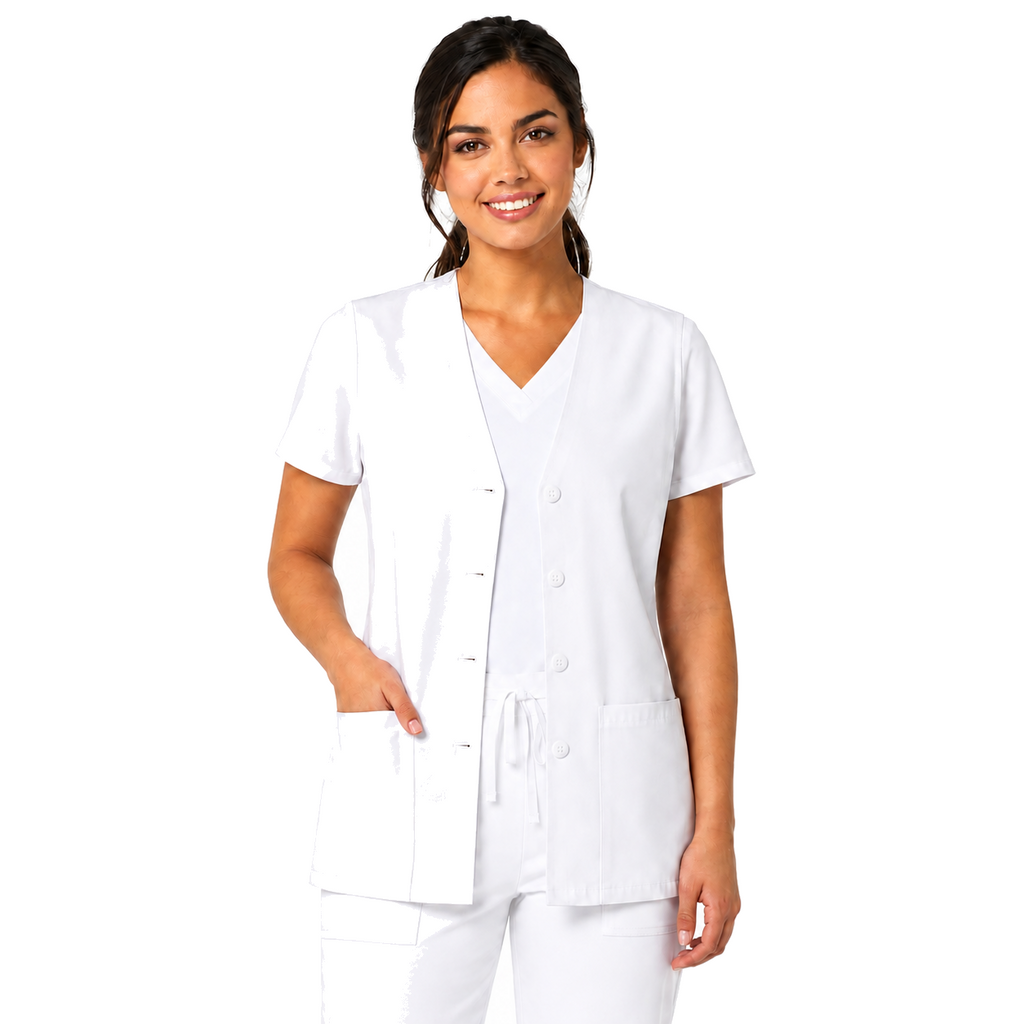 Chaleco clínico médico Cherokee 1602 para mujer blanco, vista frontal abierta