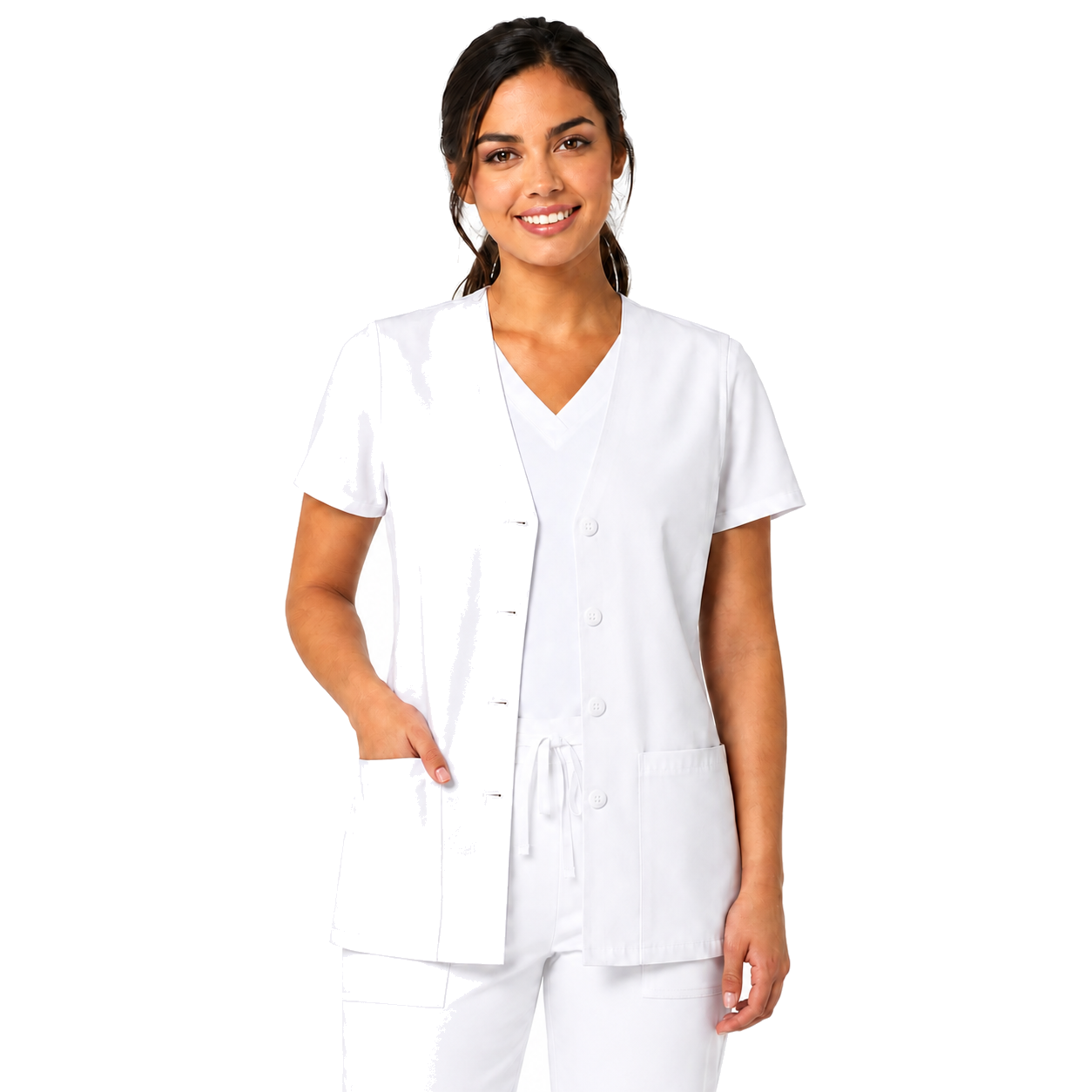 Chaleco clínico médico Cherokee 1602 para mujer blanco, vista frontal abierta | color:blanco