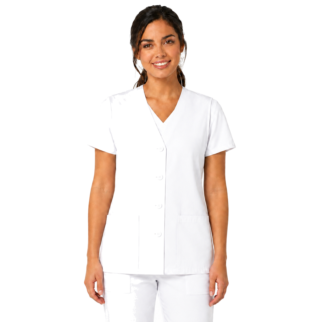 Chaleco clínico médico Cherokee 1602 para mujer blanco, vista frontal cerrado