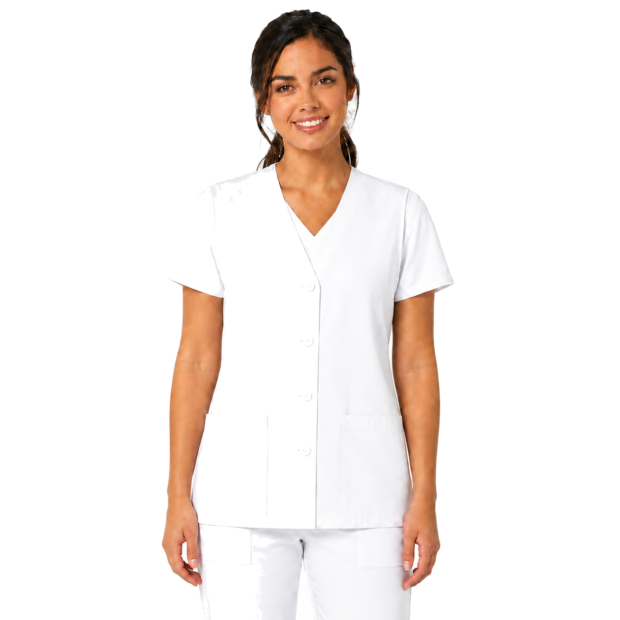 Chaleco clínico médico Cherokee 1602 para mujer blanco, vista frontal cerrado | color:blanco