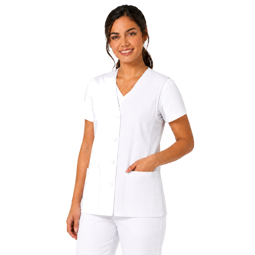 Chaleco clínico médico Cherokee 1602 para mujer blanco, vista de tres cuartos