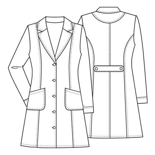 Ficha técnica de bata larga médica Cherokee 2410 blanca, frente y espalda