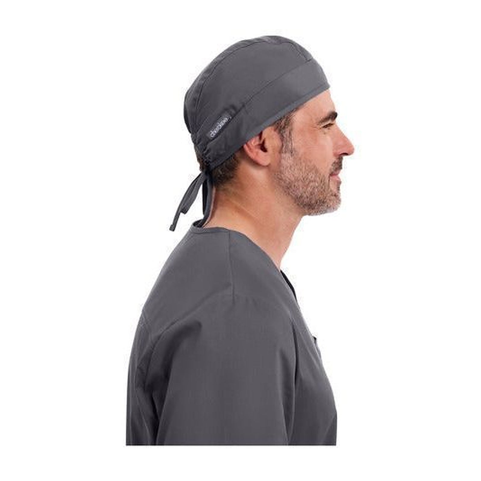 Gorro quirúrgico Cherokee 2506 unisex gris Oxford, perfil derecho en modelo | color:gris-oxford