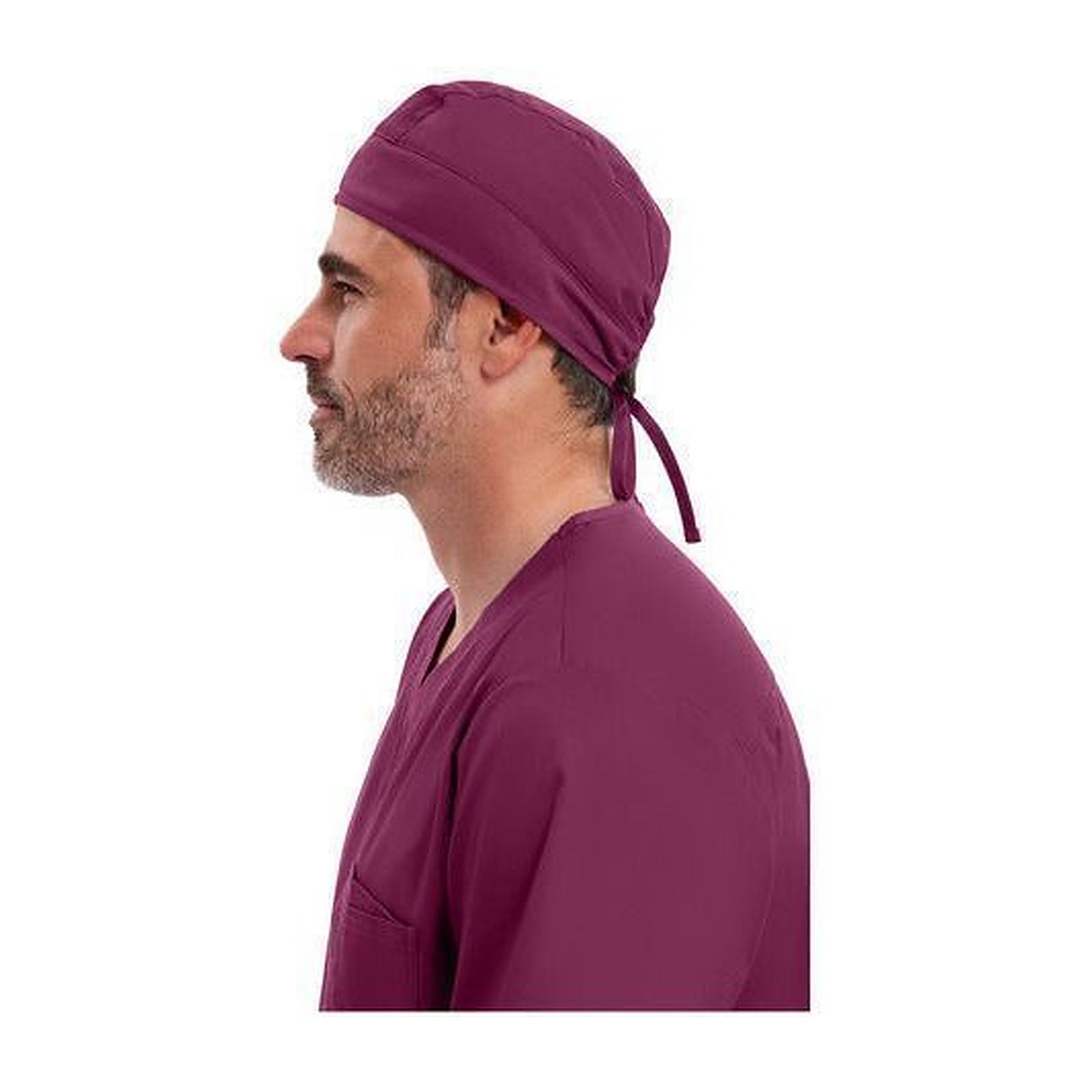 Gorro quirúrgico Cherokee 2506 unisex vino, perfil izquierdo en modelo | color:vino