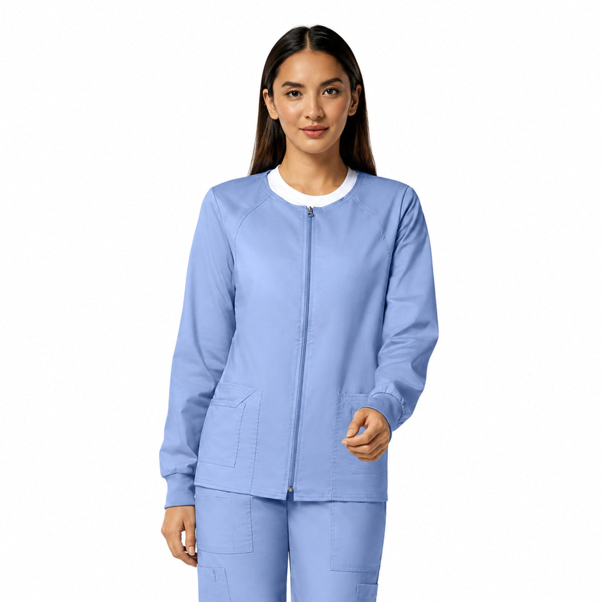 Chamarra médica Cherokee 4315 Core Stretch para mujer color Azul cielo, vista frontal | color:azul-cielo