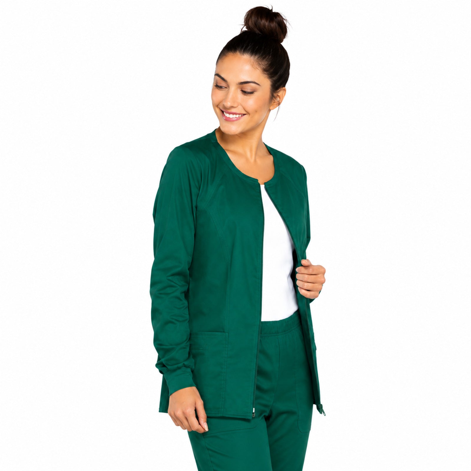 Chamarra médica Cherokee 4315 Core Stretch para mujer color Hunter, vista lateral | color:hunter