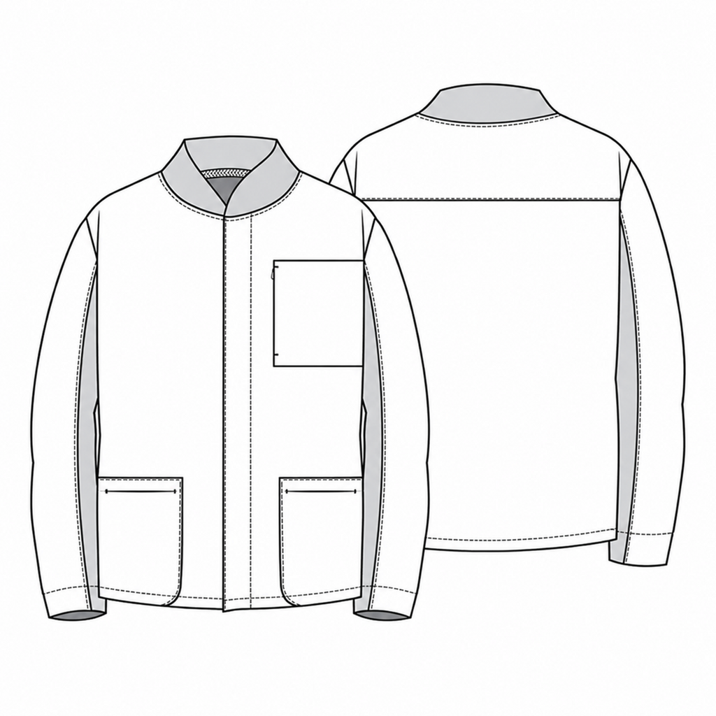 Chamarra médica Cherokee CK329A Workwear Revolution para hombre, dibujo técnico frontal y posterior