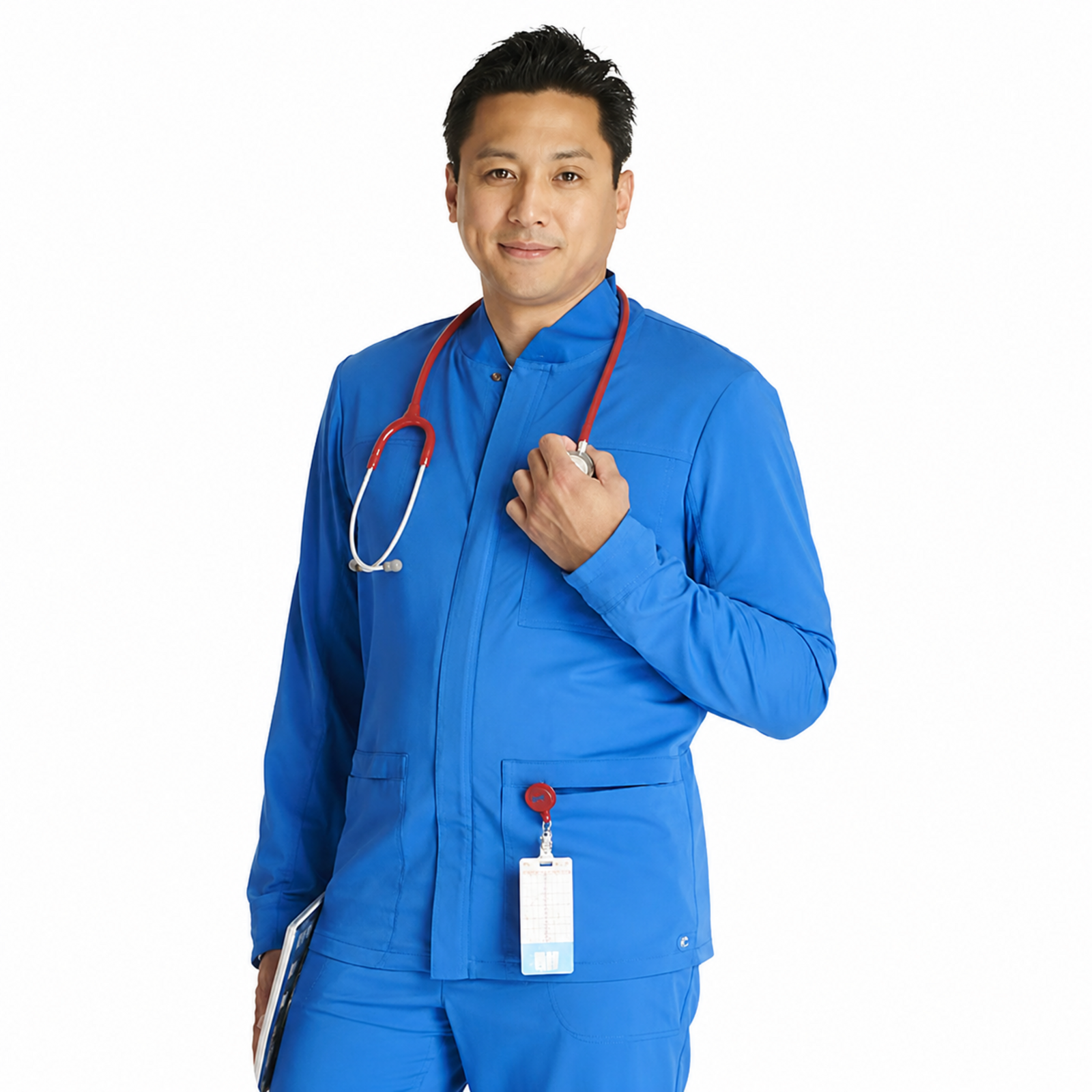 Chamarra médica Cherokee CK329A Workwear Revolution para hombre color Azul Rey, vista frontal con estetoscopio | color:azul-rey