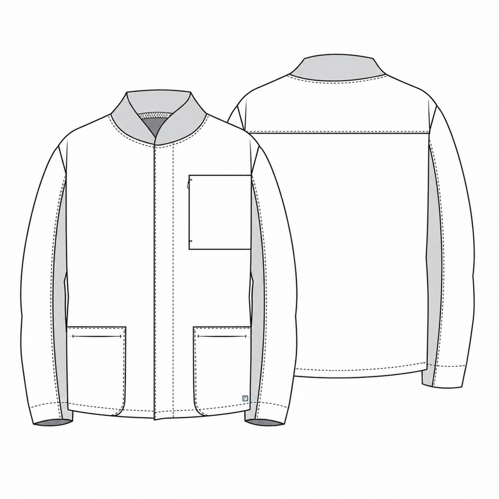 Chamarra médica Cherokee CK329A Workwear Revolution para hombre, dibujo técnico frontal y posterior