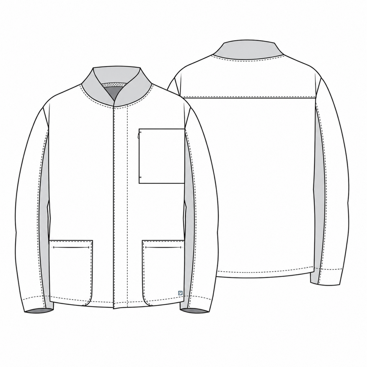 Chamarra médica Cherokee CK329A Workwear Revolution para hombre, dibujo técnico frontal y posterior | color:gris-oxford