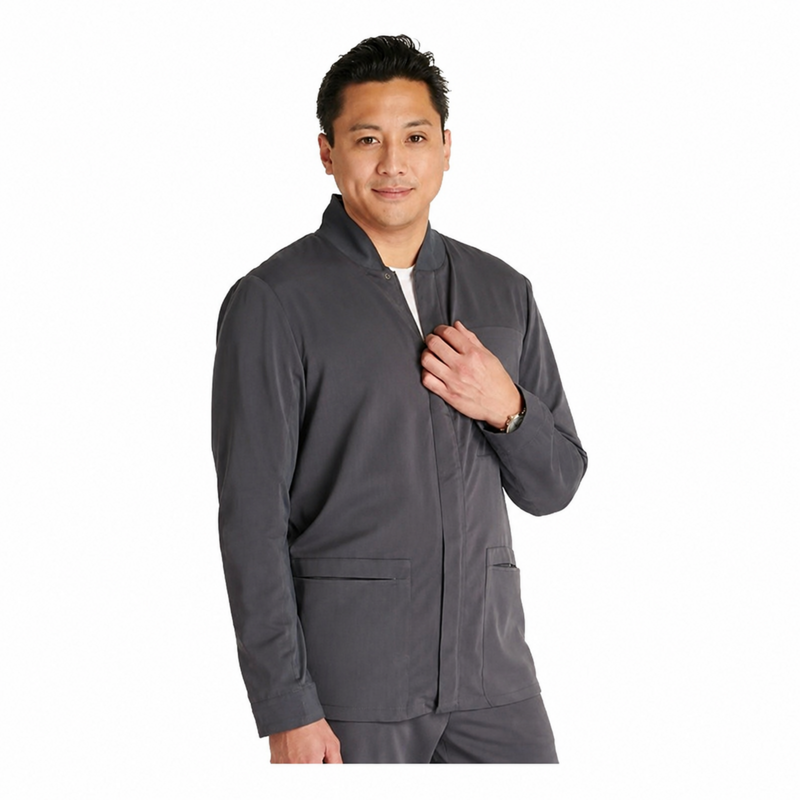 Chamarra médica Cherokee CK329A Workwear Revolution para hombre color Gris Oxford, vista frontal | color:gris-oxford
