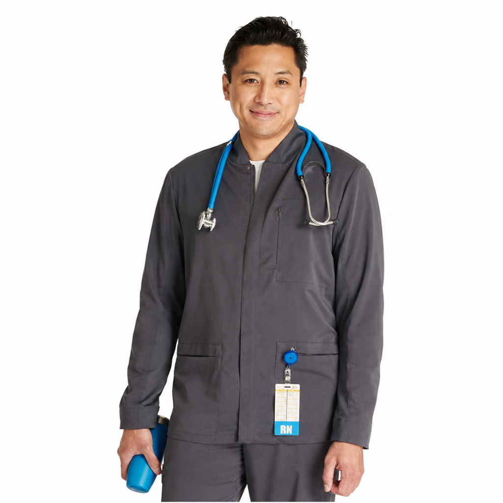 Chamarra médica Cherokee CK329A Workwear Revolution para hombre color Gris Oxford, vista frontal con estetoscopio