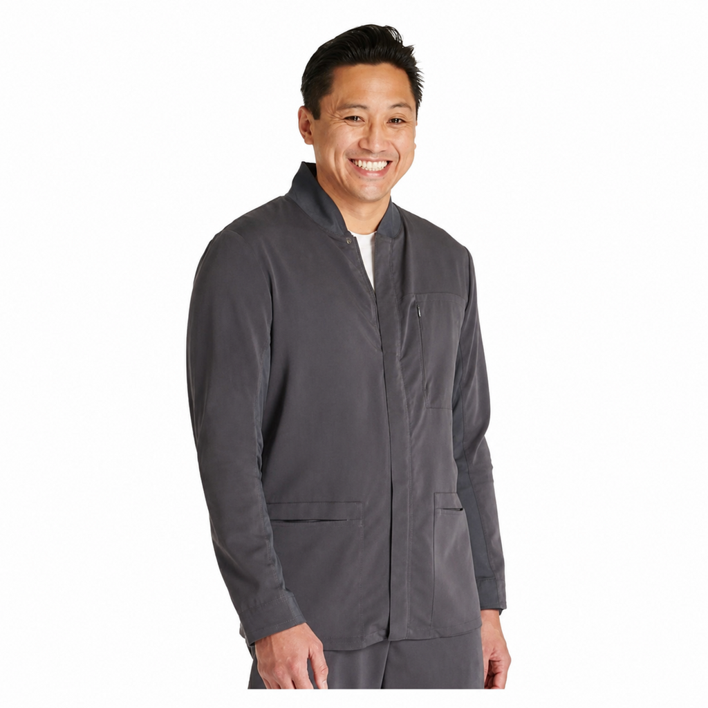 Chamarra médica Cherokee CK329A Workwear Revolution para hombre color Gris Oxford, vista frontal de ajuste