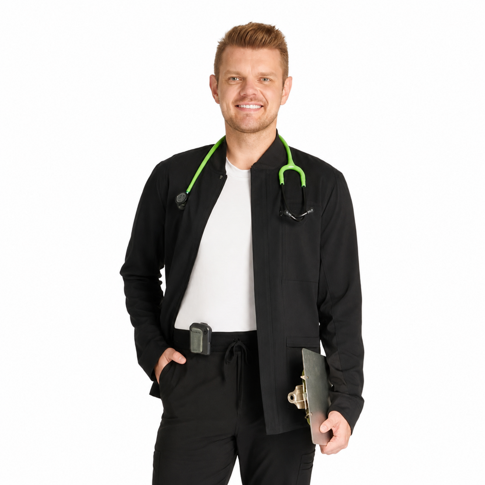 Chamarra médica Cherokee CK329A Workwear Revolution para hombre color Negra, vista frontal abierta | color:negra