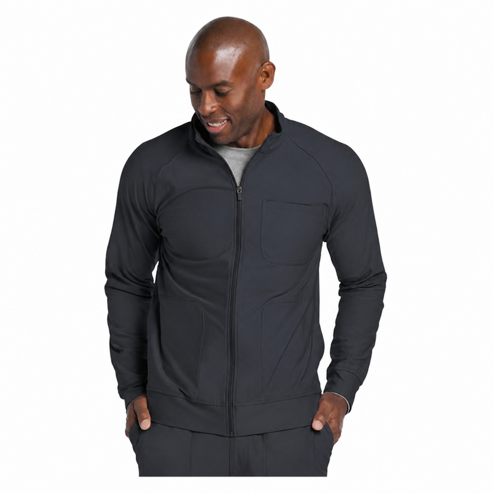 Chamarra médica Cherokee CK333 Workwear Revolution para hombre color Gris Oxford, vista frontal | color:gris-oxford