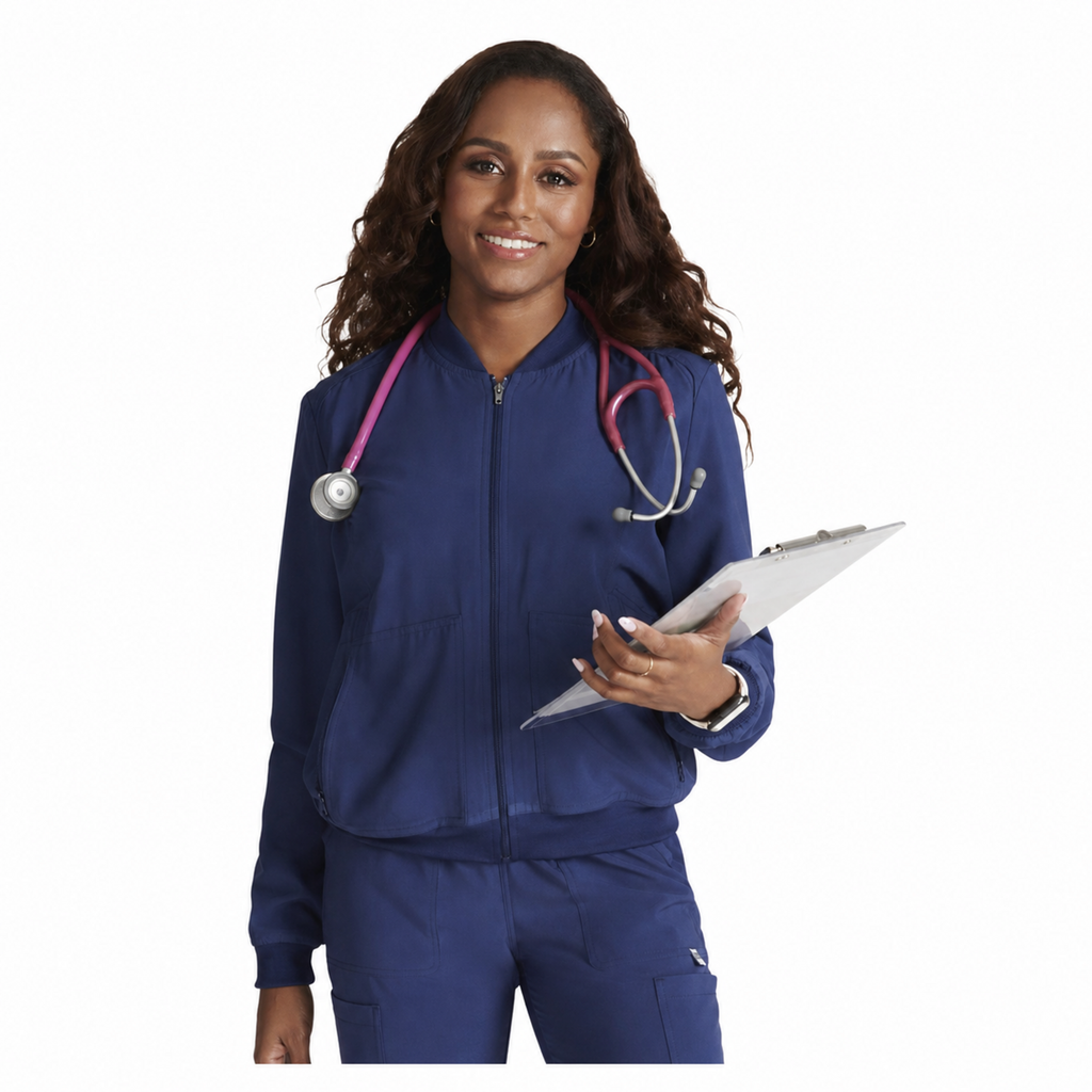 Chamarra médica Cherokee CK349A Workwear Revolution para mujer color Azul Marino con estetoscopio