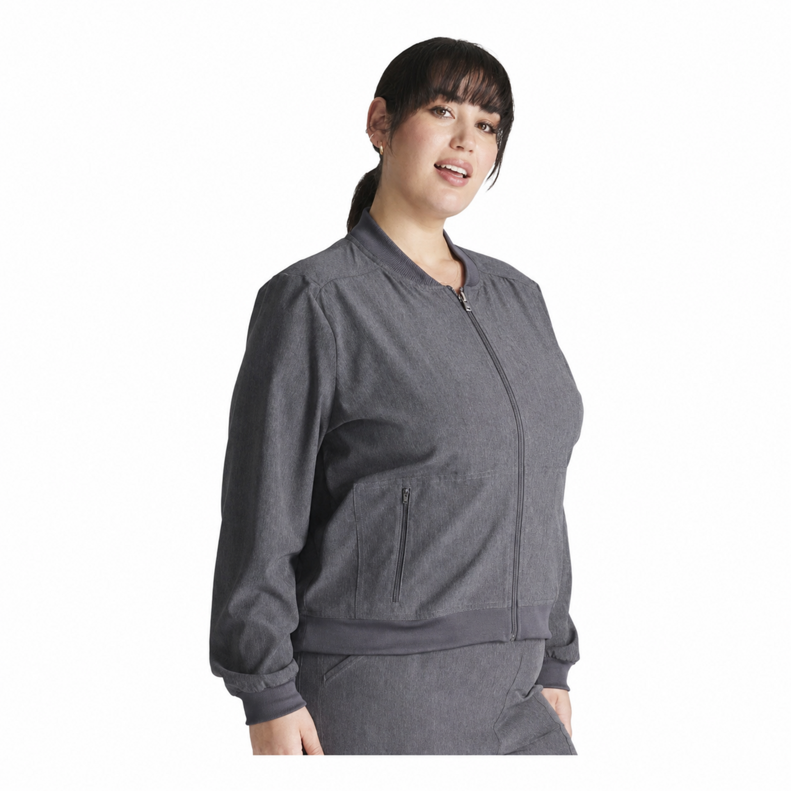 Chamarra médica Cherokee CK349A Workwear Revolution para mujer color Heather Pewter, vista tres cuartos | color:heather-pewter