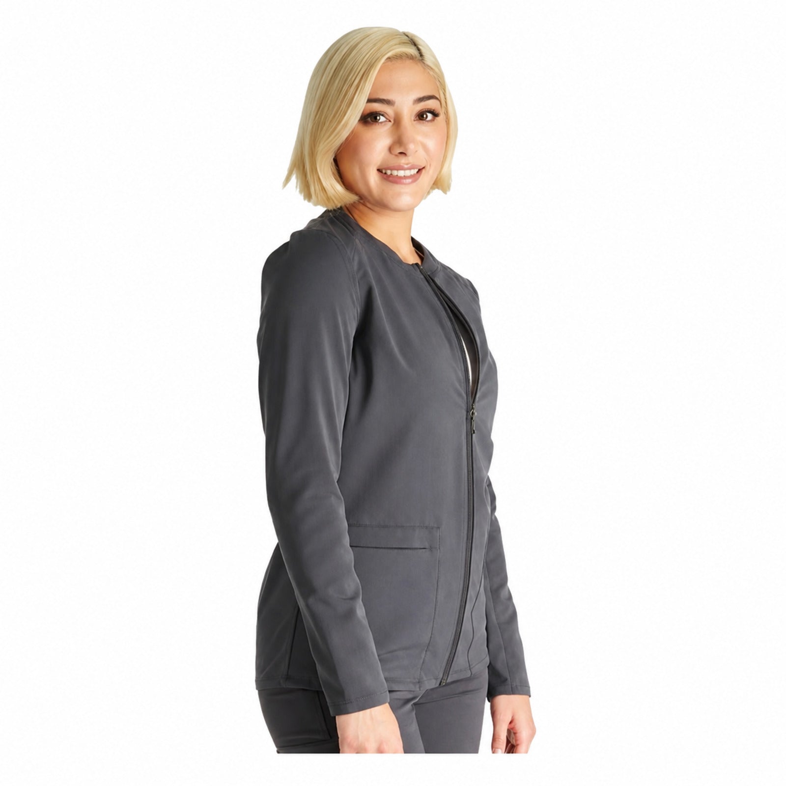 Chamarra médica Cherokee CK356A Atmos para mujer gris oxford, vista lateral | color:gris-oxford