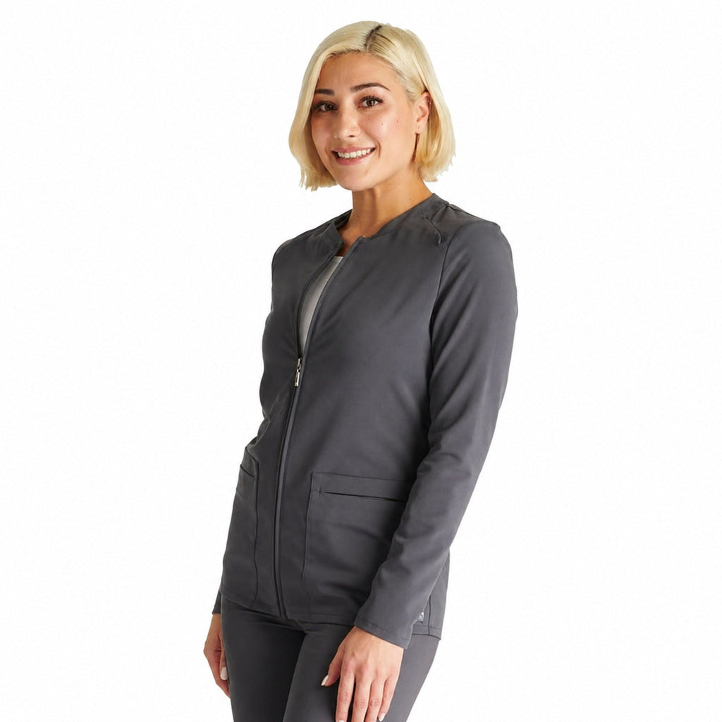 Chamarra médica Cherokee CK356A Atmos para mujer gris oxford, vista tres cuartos