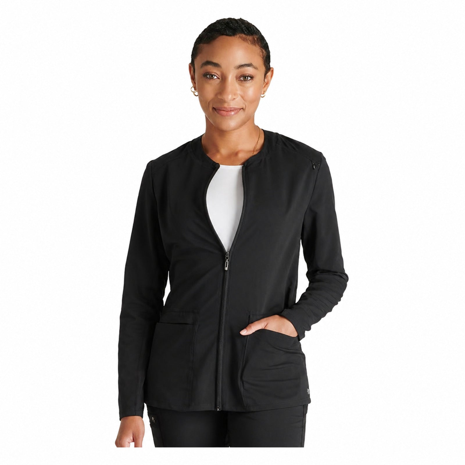 Chamarra médica Cherokee CK356A Atmos para mujer negra, vista frontal | color:negra