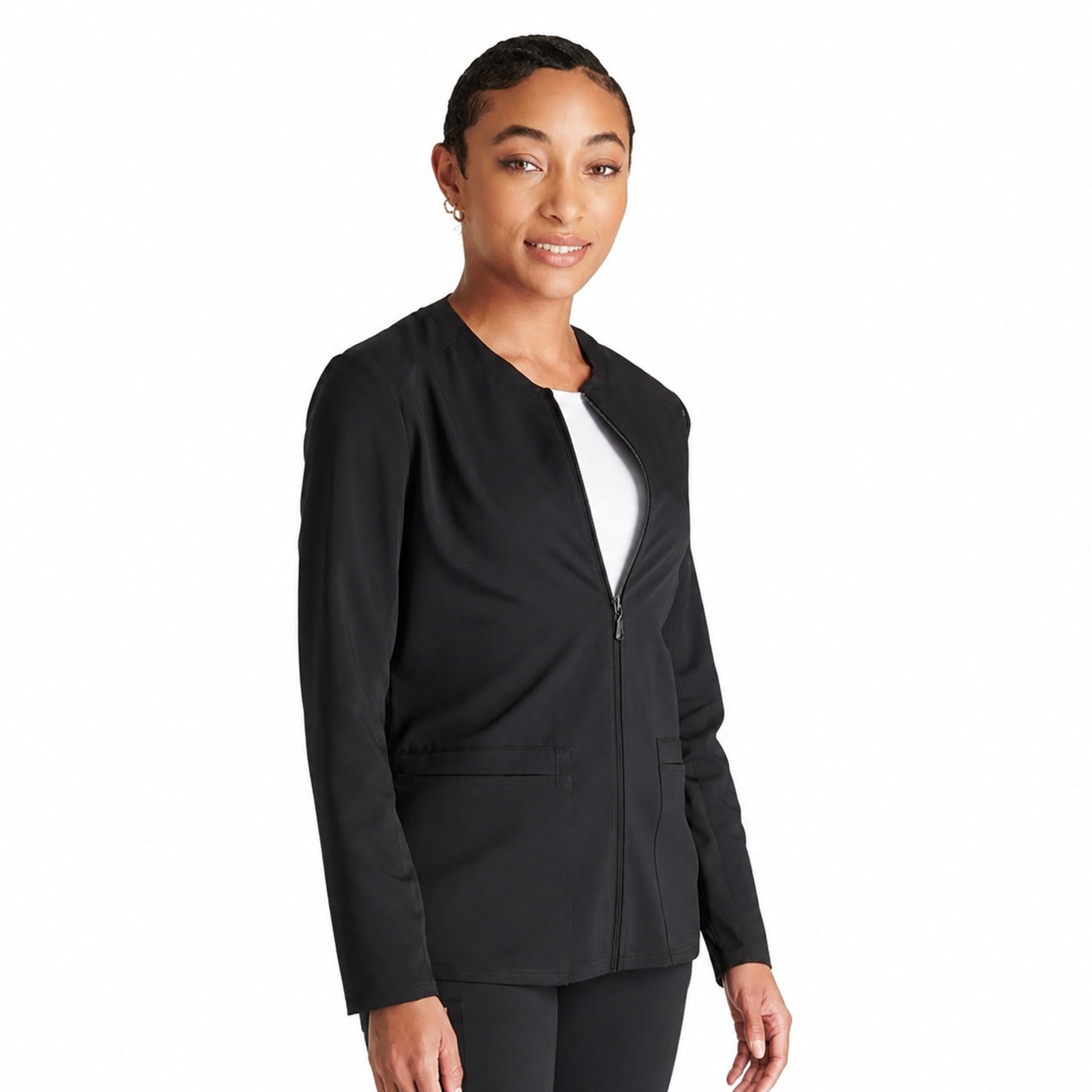 Chamarra médica Cherokee CK356A Atmos para mujer negra, vista lateral | color:negra