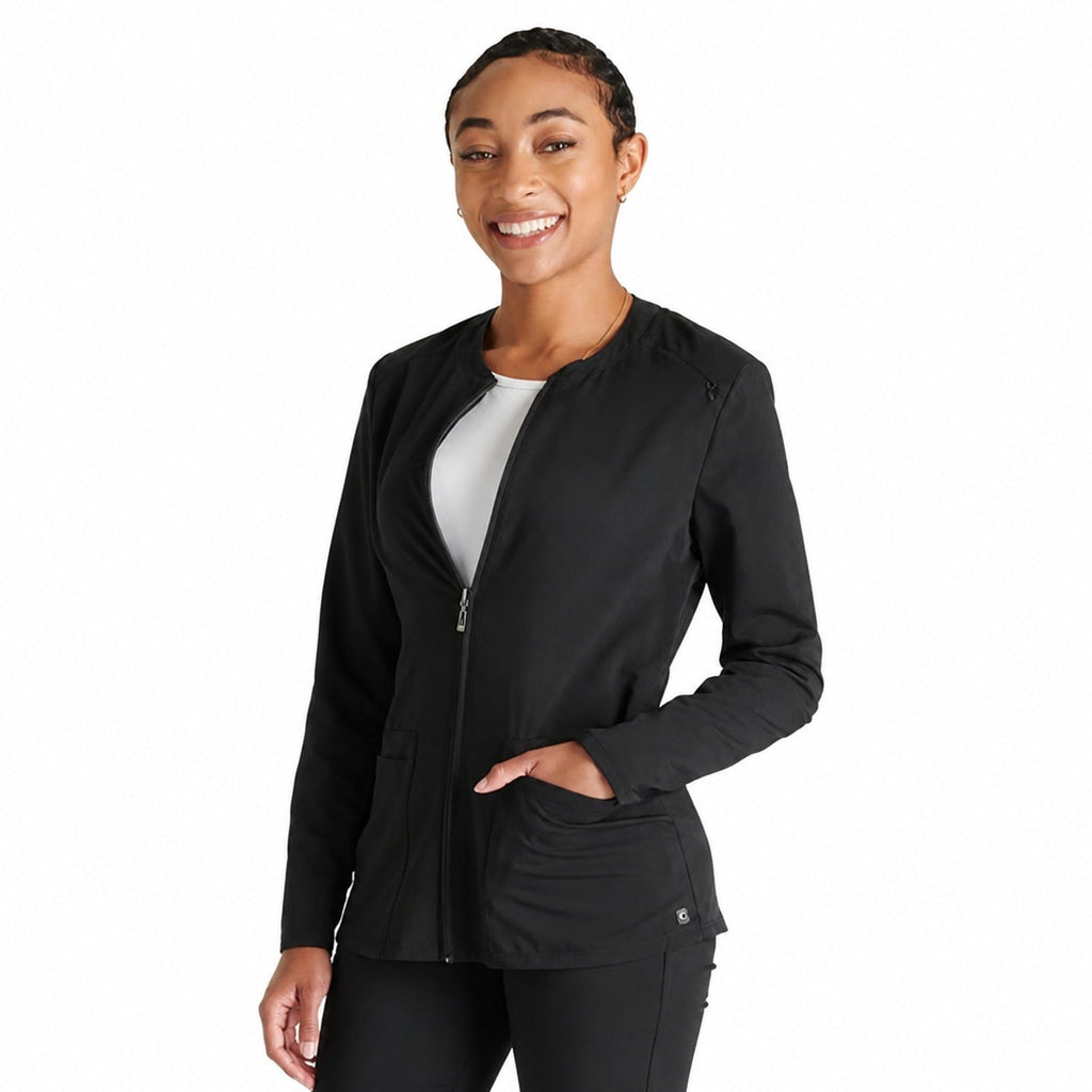 Chamarra médica Cherokee CK356A Atmos para mujer negra, vista tres cuartos