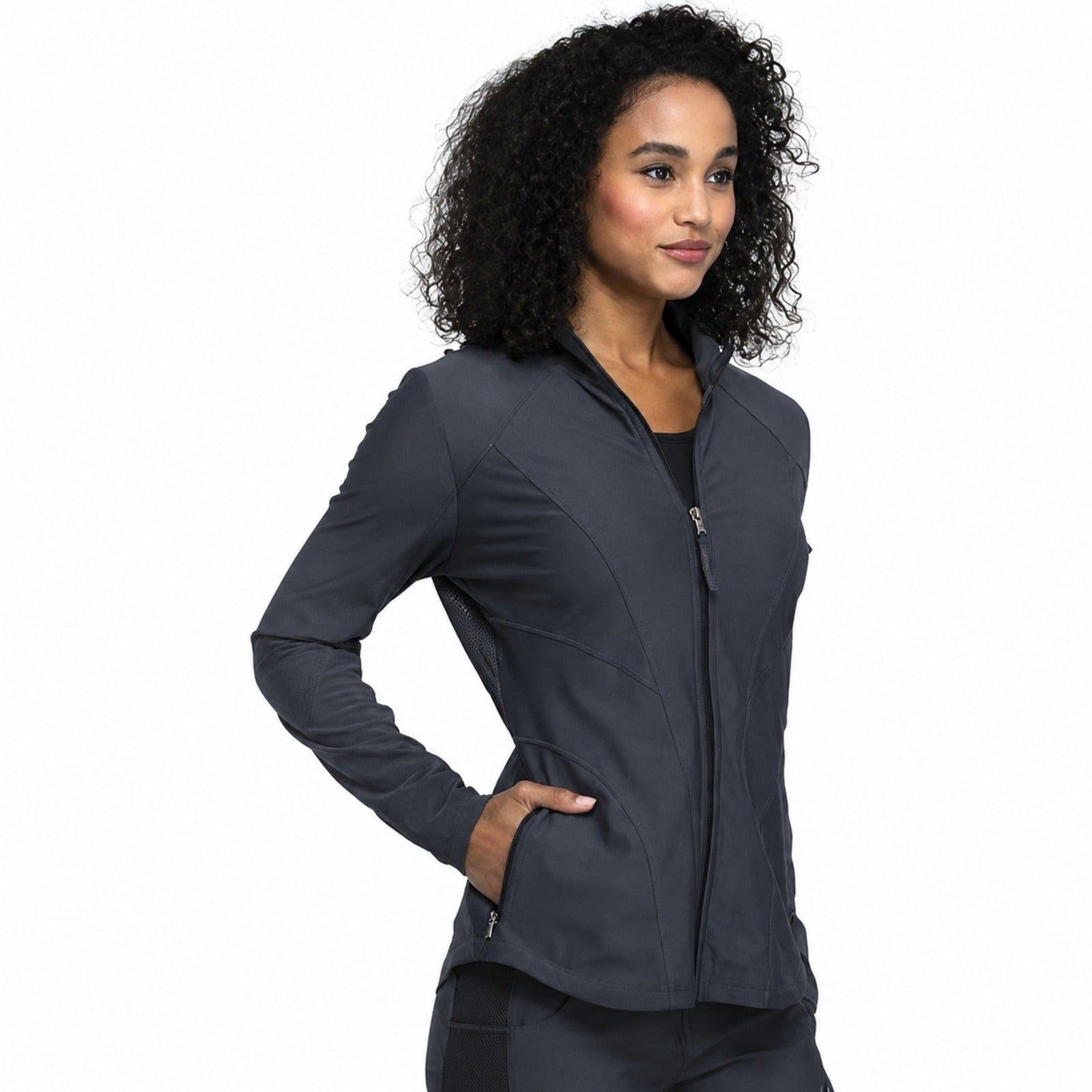 Cherokee CK390 chamarra médica mujer color gris Oxford, vista tres cuartos | color:gris-oxford