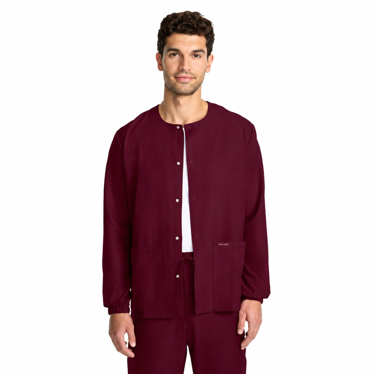 Chamarra médica Cherokee CK393A para hombre color vino, vista frontal | color:vino