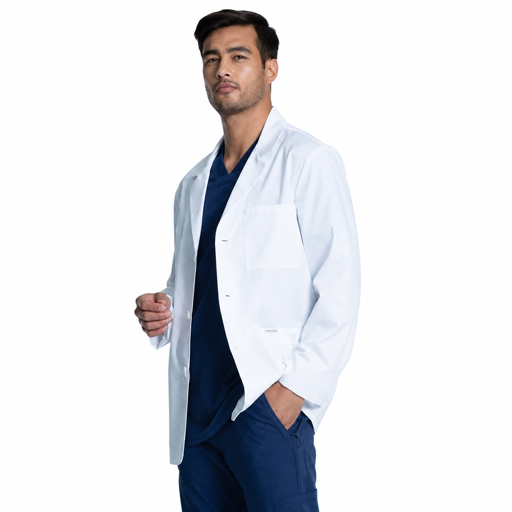 Bata corta médica Cherokee CK401 para hombre blanca, vista lateral