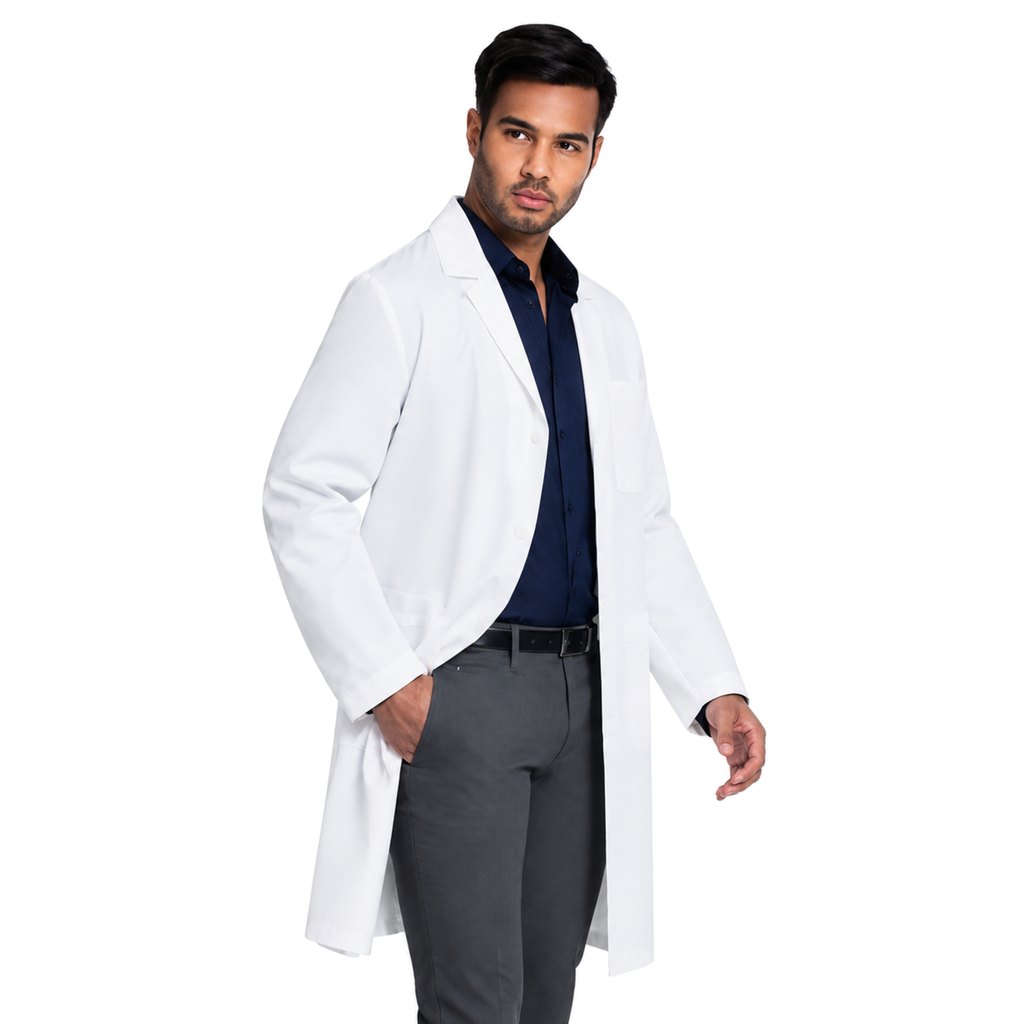 Bata larga médica Cherokee CK412 para hombre blanca, vista angular