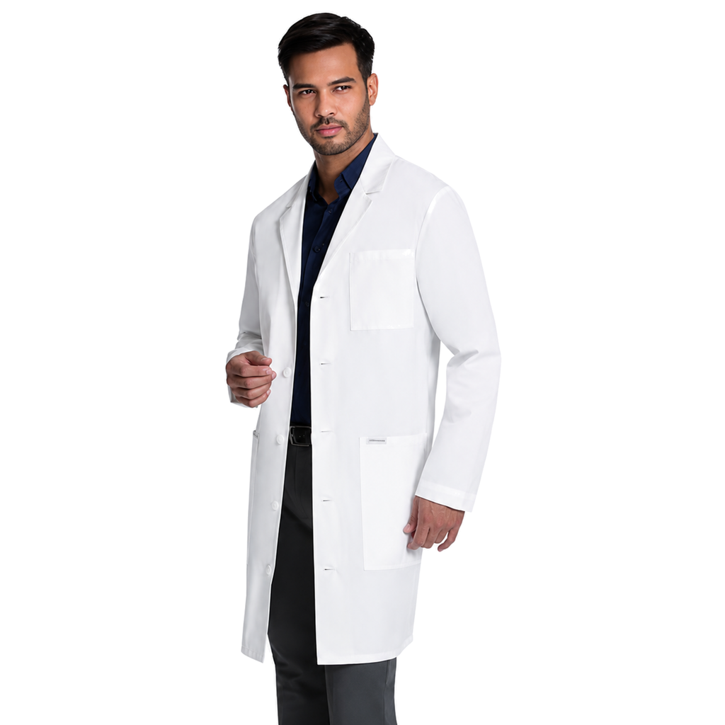Bata larga médica Cherokee CK412 para hombre blanca, vista tres cuartos